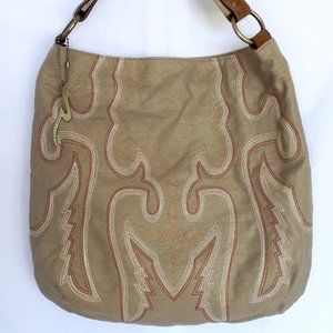 Rampage Fifty-Five Bag, Tan Canvas Tote with Embroidery, Like New!